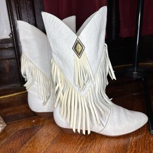 Vintage Latinas Brand White Fringe Western Boots with Brass and Silver accents